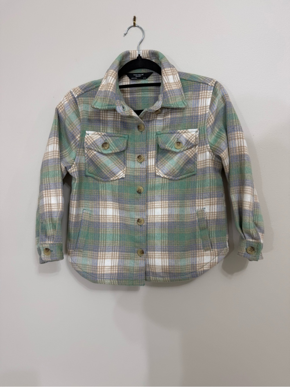 Members Mark Girls M Plaid Shacket Pastel Green Beige Flannel Button Up Jacket